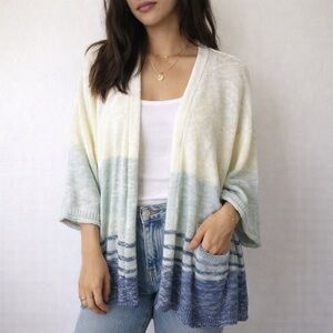 Margaux & Lexi Blue Cream Ombre Cardigan Large Coastal Grandma Boho Layered Knit